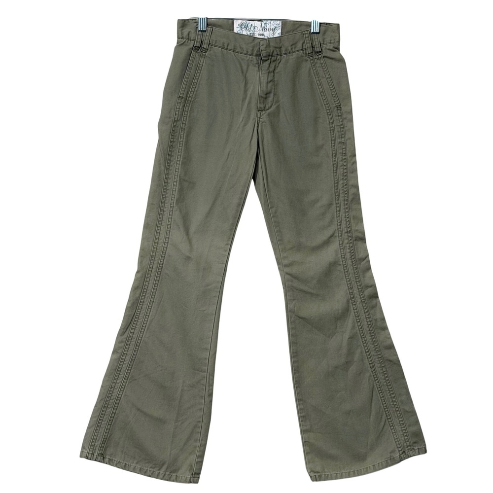 Old Navy Flare Leg Pants Girls 12 Olive Green Vintage 2004 Y2K Cotton Twill